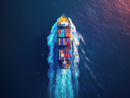 Aerial view of a cargo ship sailing across the ocean. The vessel is carrying colorful containers and leaving a wake behind it. The image showcases maritime transport and global trade, highlighting the importance of shipping in modern commerce and delivery across the sea.の素材