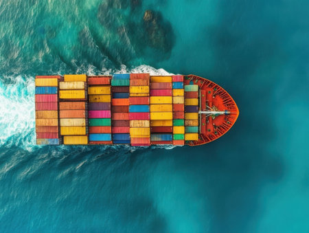 An aerial view captures a cargo ship sailing through the vibrant blue ocean. The ship is loaded with colorful containers, showcasing the scale of global shipping and maritime transport. The turquoise water contrasts with the vessel, highlighting its journey across the sea.の素材