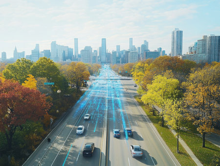 An elevated view of a multi-lane highway with several vehicles traveling towards a city skyline. Trees with autumn foliage line the sides of the road. The image conveys a sense of urban transportation and connectivity.の素材