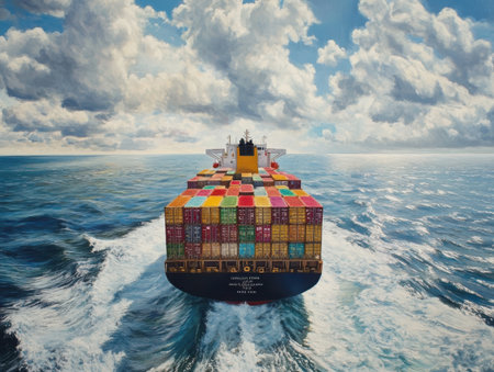 A container ship is sailing on the ocean. The vessel is loaded with colorful cargo containers. The sky is filled with clouds, and the water is churning behind the ship as it moves forward. This image represents global commerce and maritime transport.の素材