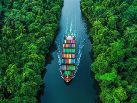 An aerial view showcases a cargo ship carrying colorful containers as it navigates a river surrounded by a dense, vibrant jungle. The vessel is moving along a calm waterway, illustrating global transport and the intersection of commerce with the natural world. The lush greenery contrasts with the ship's industrial purpose.の素材