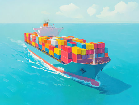 A vibrant illustration depicts a cargo ship navigating the ocean. The vessel is loaded with colorful containers, suggesting a scene of global trade and maritime transport. The image captures the essence of shipping and logistics, showcasing the movement of goods across the sea. The bright colors and clear skies evoke a sense of a sunny day at sea.の素材