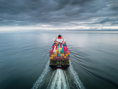 A cargo vessel is sailing across the open ocean. The ship is loaded with colorful containers, and the sky is overcast with clouds. The vessel is leaving a white wake behind it as it moves through the water, showcasing the scale of global transport and maritime industry.の素材