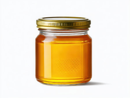 A glass jar is filled with golden honey, sealed with a gold lid. The image highlights the natural sweetness and purity of the honey, set against a clean backdrop for a focus on the product.の素材