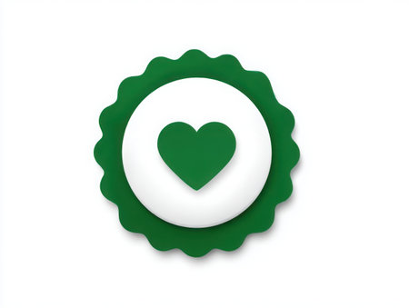 A green heart is centered inside a white circle, which is surrounded by a scalloped green badge. The design appears clean and modern, suitable for a logo or icon on a plain setting.の素材