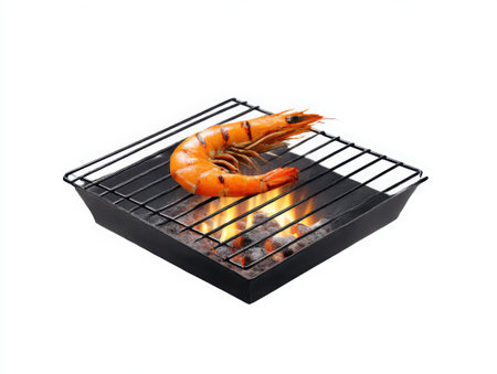 A single grilled shrimp sits atop a small, square grill with flames visible beneath. The shrimp is orange and appears freshly cooked, set against a clean, bright setting.の素材