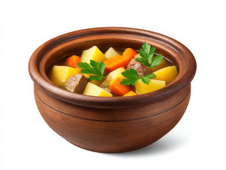 A hearty stew with meat, potatoes, and carrots is presented in a rustic earthenware bowl, garnished with fresh parsley. The image showcases a comforting and wholesome meal.の素材