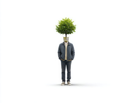A full-length shot of a person with a tree growing from a lightbulb as their head. The concept represents ideas, growth, and innovation, set against a clean, minimalist setting. The image evokes creativity.の素材