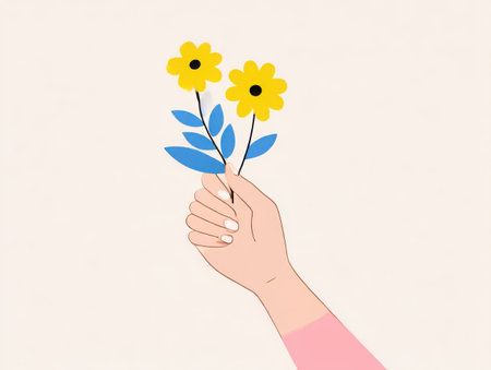 A hand gently holds two yellow flowers with blue leaves. The simple, graphic style creates a clean and cheerful image, perfect for conveying appreciation or celebrating spring.の素材