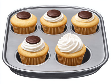Five cupcakes sit in a baking tray. They are topped with white frosting and chocolate. Some have only chocolate. One has only white frosting. The cupcakes look delicious and are ready to eat.の素材