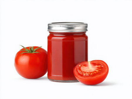 A jar of tomato juice is displayed with a whole and halved tomato. The scene is set against a clean, bright backdrop, highlighting the vibrant red color and fresh ingredients.の素材