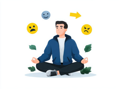 A man in a meditative pose surrounded by emotion icons, representing emotional balance and mindfulness. The illustration conveys a sense of calm and well-being through meditation.の素材