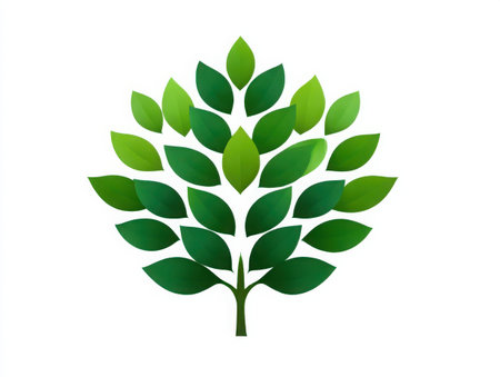 A stylized tree illustration with green leaves arranged in a circular pattern. The design conveys a sense of nature, growth, and environmental awareness on a bright field.の素材
