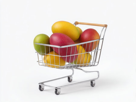 A miniature shopping cart is filled with colorful mangoes. The fruits are yellow, red, and green. The cart is made of metal and has a wooden handle. All is set against a clean, bright setting.の素材