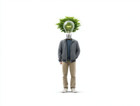 A creative concept featuring a person with a lightbulb head filled with green leaves, symbolizing ideas, growth, and innovation. The image is set against a plain backdrop to emphasize the subject.の素材