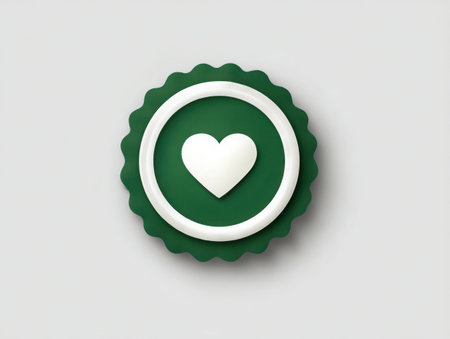 A green emblem with a white heart in the center, encircled by a white ring. The emblem has a scalloped edge, creating a decorative, modern design on a clean surface, perfect for expressing love.の素材