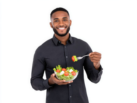 A smiling man holds a salad bowl and fork. He is about to eat a fresh and healthy salad, promoting a balanced diet and lifestyle choice. Shot against a clean setting.の素材