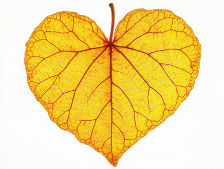 Autumn leaf, golden yellow, heart-shaped, detailed veins, vibrant color, high contrast, macro photography, white background, crisp edges, botanical illustration, fall foliage, natural texture, single leaf, symmetrical, close-up, vivid, seasonal, transparent, backlit, minimalist composition --の素材