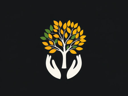 Logo design, minimalist tree icon, white hands cupping leaves, yellow and green foliage, circular black background, organic growth symbol, environmental concept, gradient leaf colors, negative space, simplified graphic, nature-inspired emblem, caring for nature motif, stylized tree silhouette, contrasting colors, eco-friendly brandingの素材