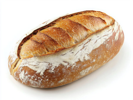 Artisanal bread loaf, golden crust, scored surface, soft interior, rustic texture, white flour dusting, crusty exterior, oval shape, freshly baked, natural lighting, high-resolution, food photography, isolated on white background, mouthwatering, detailed crumb structure, photorealistic, warm tones, appetizing -の素材