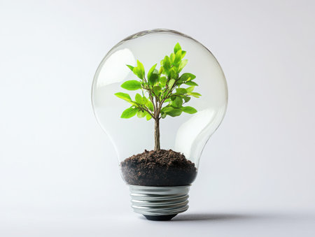 Light bulb terrarium, miniature tree inside, green leaves, glass globe, creative concept, surreal art, eco-friendly, sustainability, imagination, growth, idea visualization, nature meets technology, detailed micro-ecosystem, brown soil base, clear glass, high resolution, studio lighting, white background, conceptual photography -の素材