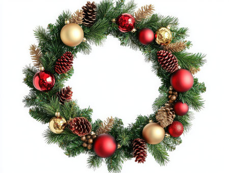 Christmas wreath, pine branches, red and gold ornaments, pinecones, festive, circular design, holiday decoration, realistic texture, vibrant colors, evergreen foliage, shiny baubles, traditional, high detail, white background, seasonal, symmetrical arrangement --の素材