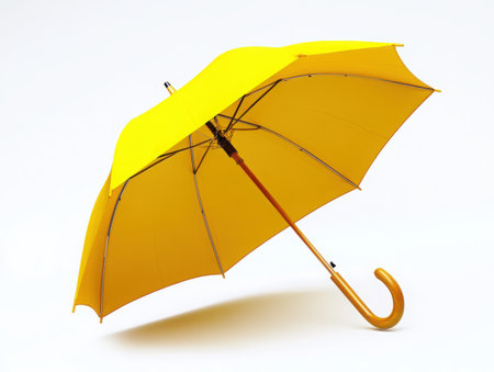 Bright yellow umbrella, wooden curved handle, sleek modern design, solid color, rain protection, vivid canopy, minimalist aesthetic, studio lighting, white background, high contrast, crisp details, weatherproof accessory, fashion item, isolated object, product photography .の素材