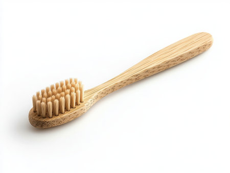bamboo toothbrush, minimalistic design, eco-friendly product, wooden handle, soft bristles, isolated on white background, high detail, natural materials -の素材