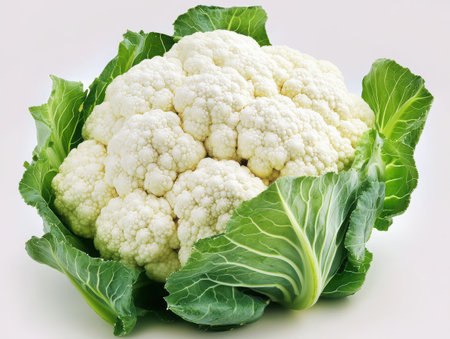 Cauliflower, vibrant green leaves, white florets, detailed texture, close-up photography, fresh vegetable, crisp, healthy food, organic produce, studio lighting, white background, high contrast, botanical illustration style, hyperrealistic, 8K resolution, food photography .の素材