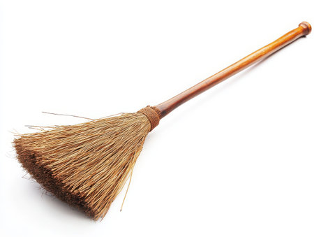 Broomstick, traditional straw broom, wooden handle, rustic design, natural materials, isolated on white background, simple and functional, tool for sweeping, realistic texture, everyday object -の素材