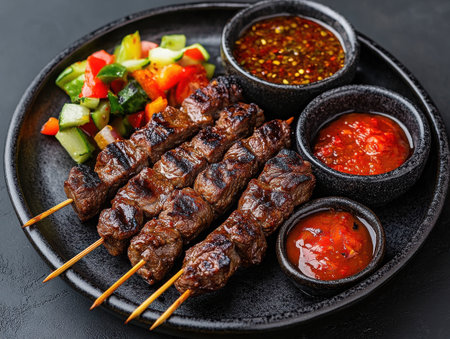 Grilled beef skewers, succulent and juicy, served on a dark plate, accompanied by fresh diced vegetables, two bowls of spicy dipping sauces, vibrant colors, warm lighting, delicious, appetizing arrangement, food photography.の素材