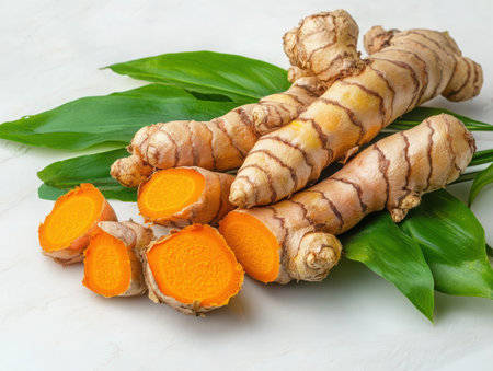 Ginger root, turmeric, green leaves, vibrant orange, fresh spices, culinary ingredients, high detail, sharp focus, white background, food photography, aromatic, organic, natural textures, close-up, contrasting colorsの素材