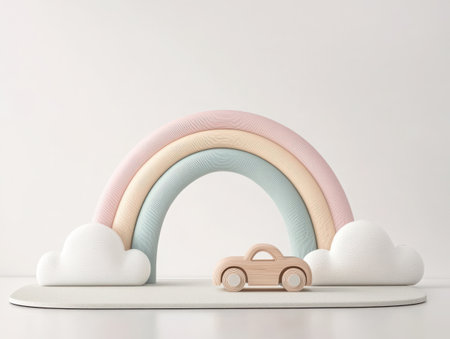 Pastel rainbow arch, wooden toy car, soft clouds, playmat, minimalist children's toy, muted colors, Scandinavian design, educational playset, rounded shapes, tactile learning toy, gentle curves, safe edges, sensory development, toddler-friendly, gender-neutral palette, organic forms, modernist aesthetic, lightweight materials, developmental toy, imaginative play, soft lighting, studio photography, white background, high-quality render, 3D modelの素材