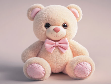 Cute plush teddy bear, soft beige fur, large pink bow, small pink hair bow, round shiny eyes, stitched nose, chubby paws, adorable, cuddly, kawaii, children's toy, stuffed animal, detailed texture, studio lighting, soft shadows, 3D render, realistic, high-quality, product photography -の素材
