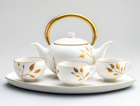 Elegant porcelain tea set, golden leaf motif, white and gold color scheme, teapot with curved handle, delicate teacups and saucers, serving tray, minimalist floral design, soft lighting, clean background, high-end tableware, fine china, luxurious afternoon tea, detailed craftsmanship, Japanese-inspired aesthetics, serene composition, studio photography, crisp focus, muted tones, graceful curves, subtle shadows -の素材