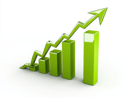 Green financial growth chart, ascending bar graph, 3D striped columns, upward arrow, business analytics visualization, lime green color scheme, economic progress illustration, increasing profits concept, geometric design, white background, minimalist style, financial data representation -の素材