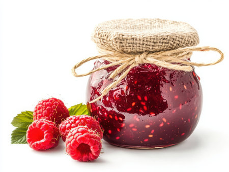 Glass jar, homemade raspberry jam, rustic cloth lid, twine bow, artisanal preserves, vibrant red color, seeds visible, farmhouse style, natural lighting, realistic texture, isolated on white background, food photography, rustic charm, gourmet ingredient, artisan crafted, traditional canning, farm-to-table aestheticの素材