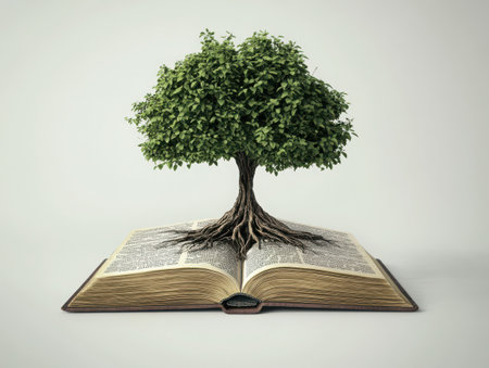 open book, tree growing from pages, knowledge growth, imagination, surreal, miniature landscape, wisdom, education, nature meets literature, magical realism, detailed illustration, vibrant green foliage, aged paper texture, roots intertwining with words, fantasy concept, symbolic imagery, photorealistic rendering, white background, isolated object, depth of field -の素材