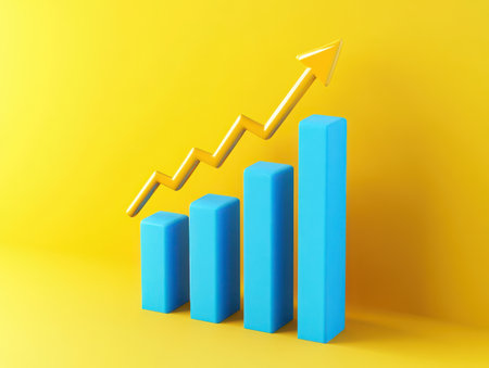 3D bar graph, ascending blue columns, yellow arrow pointing upward, financial growth concept, minimalist design, bright colors, clean background, business statistics visualization, economic progress illustration, data analytics representation, vibrant blue and yellow contrast, simple geometric shapes, infographic style, marketing trend chart, sleek modern aestheticの素材