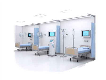 A sterile hospital ward featuring beds, medical equipment, and monitors. The room is clean and modern, designed for patient care and treatment within a healthcare facility. The scene is empty.の素材