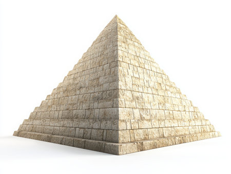 Ancient Egyptian pyramid, smooth limestone blocks, weathered stone texture, golden sunlight, sharp edges, monumental architecture, desert sand, symmetrical structure, tiered levels, archaeological wonder, isolated on white background, 3D rendering, high detail, realistic lighting --の素材
