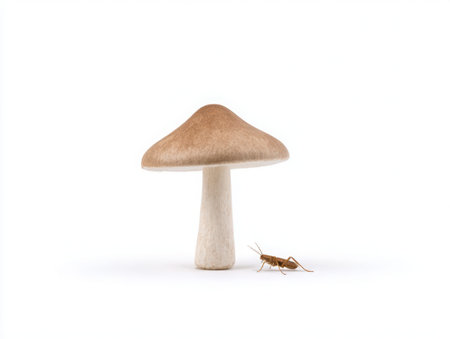 A mushroom with a light brown cap and a cricket are isolated on a clean surface. The image highlights the contrast in size and texture between the fungus and the insect, creating a simple composition.の素材