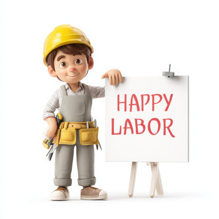 Cartoon builder in uniform holding a sign that reads 'Happy Labor'. The builder is wearing a yellow helmet and has tools on his belt. The sign is on an easel, all against a clean setting.の素材