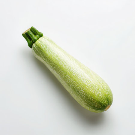 A close-up studio shot of a fresh, light green zucchini squash. The vegetable is positioned diagonally, showcasing its texture and form against a clean backdrop. The image highlights natural food.の素材