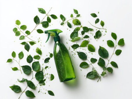 A green spray bottle surrounded by fresh green leaves and water droplets. The composition evokes a sense of natural cleaning and botanical freshness, set against a clean backdrop.の素材