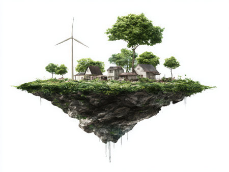 A floating island with houses, trees, and a wind turbine. The island is rocky with green foliage on top. The scene evokes a sense of sustainable living and harmony with nature, set against a plain backdrop.の素材