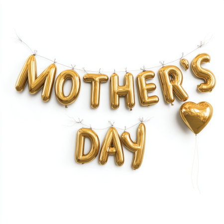 A festive arrangement of gold foil balloons spelling out "Mother's Day" and a heart shape. It creates a celebratory and loving message, perfect for a special occasion. The balloons are shiny.の素材