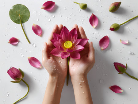 Top-down shot featuring hands holding a pink lotus flower with yellow center. Petals, buds, and water droplets surround the hands, set against a clean, bright surface.の素材