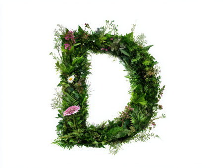 A letter 'd' is formed from various green leaves and small flowers, isolated against a clean space. It evokes a sense of natural beauty and organic design, perfect for botanical themes.の素材