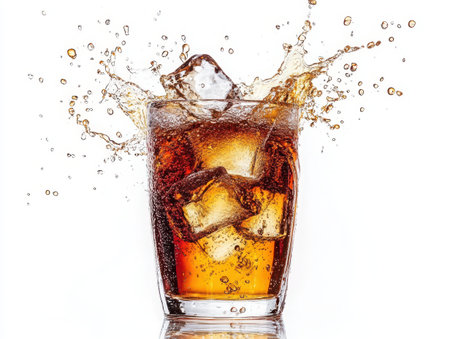 Cold drink splash, carbonated beverage, ice cubes, glass tumbler, dynamic liquid motion, amber liquid, fizzy soda, high-speed photography, white background, droplets, refreshing, vibrant colors, transparent glass, condensation, commercial beverage photography, crisp details, golden brown liquid, explosive energy, frozen moment, thirst-quenching -の素材